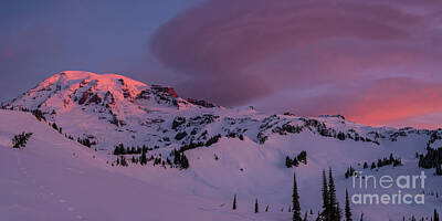 Santas Reindeers - Mount Rainier Winter Sunrise Clouds Colors by Mike Reid