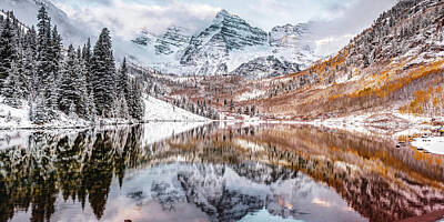 Mountain Royalty-Free and Rights-Managed Images - Mountain Peaks Of Maroon Bells - Autumn Panorama by Gregory Ballos