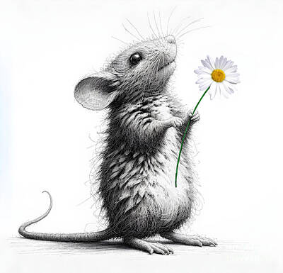 Floral Royalty-Free and Rights-Managed Images - Mouse Holding A White Daisy by Maria Dryfhout