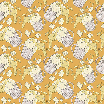 Food And Beverage Drawings - Mug with beer cartoon seamless pattern. Alcohol drink hand drawn background. Splash of beer beverage. Bright colorful drink concept by Julien