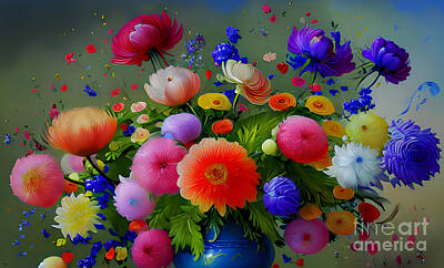 Still Life Digital Art - Multicolored wild flowers in a blue vase by Viktor Birkus