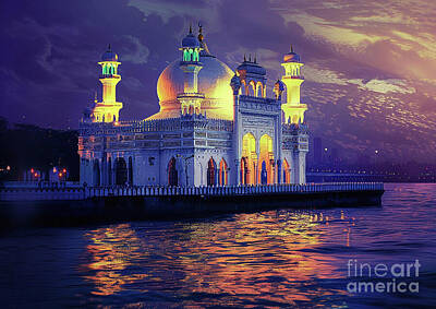 Landmarks Paintings - Mumbais Haji Ali Dargah with its white domes glowing softly in the darkness night light by Cortez Schinner