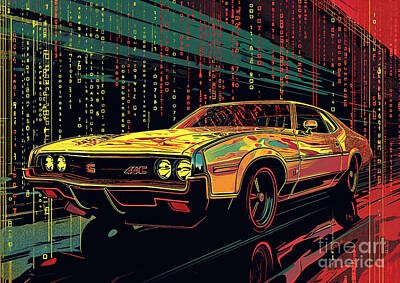 Science Fiction Royalty-Free and Rights-Managed Images - Muscle car binary code Oldsmobile 442 by Lowell Harann