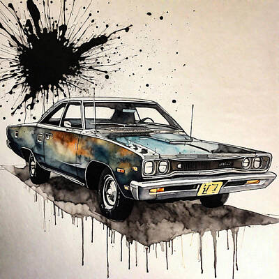 Patriotic Signs - Muscle car Plymouth Satellite ink 464 by Clark Leffler