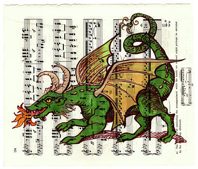 Fantasy Drawings Rights Managed Images - Musical Medieval Dragon Royalty-Free Image by Katherine Nutt