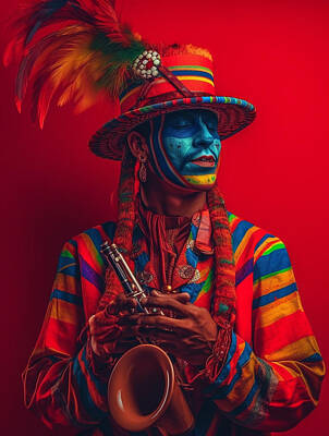 Surrealism Paintings - Musician  from  Awa  Tribe  Brazil    Surreal  Cinemat  f  e  dc  bc  bfdfca, by Asar Studios by Romed Roni