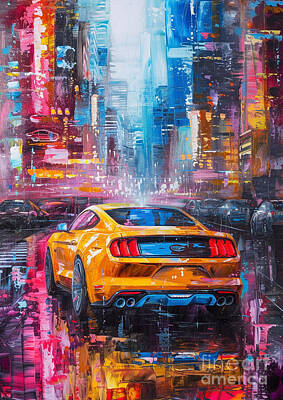 Sports Digital Art - Mustang with a futuristic sci-fi city car lovers gift, fathers day gift, gift for him by Destiney Sullivan