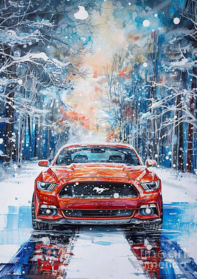 Sports Digital Art - Mustang with a winter wonderland theme car lovers gift, fathers day gift, gift for him by Destiney Sullivan