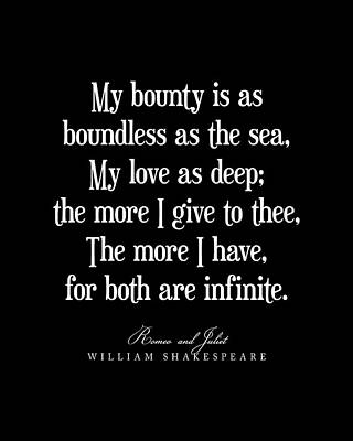Beach Digital Art - My bounty is as boundless as the sea, William Shakespeare Quote, Literature Typography Print - Black by Studio Grafiikka