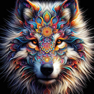 Animals Photo Rights Managed Images - Mystic Mandala Wolf Royalty-Free Image by Bill and Linda Tiepelman