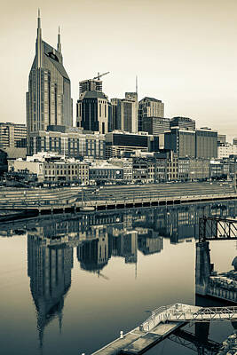 Skylines Photos - Nashville Skyline On the Cumberland River in Sepia by Gregory Ballos