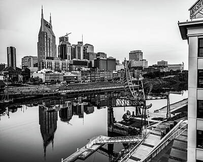 Skylines Photos - Nashville Skyline Over The Cumberland River - Black and White Edition by Gregory Ballos