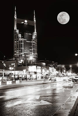 Skylines Photos - Nashville Supermoon From Lower Broadway in Sepia by Gregory Ballos