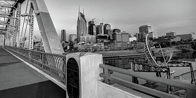 Skylines Photos - Nashville Tennessee Skyline and Pedestrian Bridge BW Monochrome Panorama by Gregory Ballos