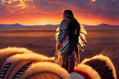 Landmarks Digital Art - Native  american  chief  wearing  buckskin  fringe    feathe  by Asar Studios by Celestial Images