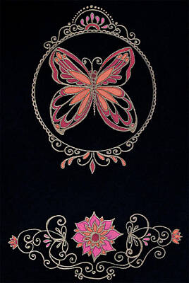 Watercolor Dogs - Neon and Gold Butterfly on Black Paper by Katherine Nutt