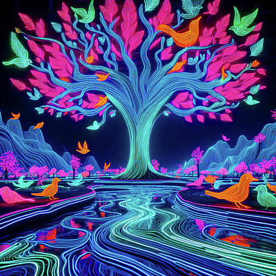 Surrealism Photos - Neon light bright bird tree by Michalakis Ppalis