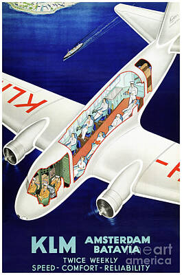 Transportation Drawings Rights Managed Images - KLM Amsterdam Batavia Vintage Travel Poster Restored 1933 Royalty-Free Image by Vintage Treasure