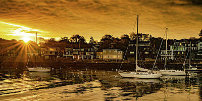 Royalty-Free and Rights-Managed Images - New England Sailboats at Sunrise in Rockport Harbor Panorama by Gregory Ballos