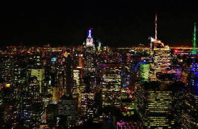 Skylines Paintings - New York City Skyline At Night by Dan Sproul