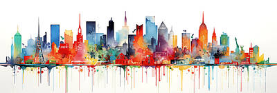 Skylines Paintings - New York City  skyline cityscape illustrious co 49ec7d39 4bb4 4e01 b32c e8394736cf73 by Asar Studios by Celestial Images
