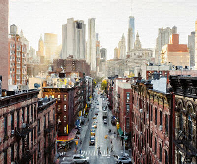 Skylines Paintings - New York City Skyline Night Building 2 by Tony Rubino