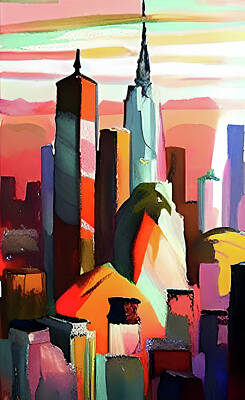 City Scenes Digital Art - New York City Watercolor Skyline at Sunrise by Jon Baran