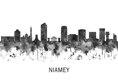 Landscapes Mixed Media Royalty Free Images - Niamey Niger Skyline BW Royalty-Free Image by NextWay Art