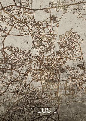Wild Horse Paintings - Nicosia Vintage Rusty City Street Map on Cement Background by Design Turnpike