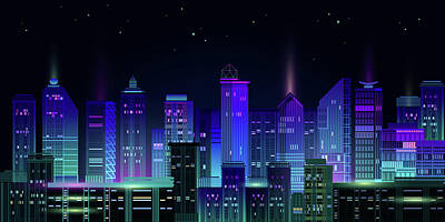 City Scenes Drawings - Night city panorama with neon glow on dark background. Futuristic cityscape with glowing neon purple and blue lights. City skyline. illustration with megapolis, skyscrapers, buildings.  by Julien