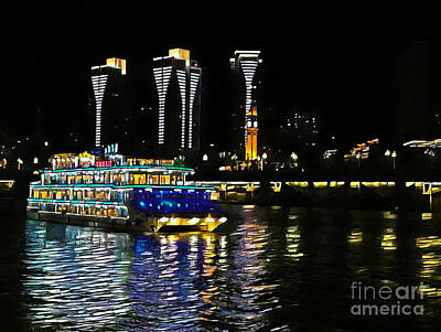 City Scenes Mixed Media Rights Managed Images - Night Cruise on Jialing river Chongqing Royalty-Free Image by Loretta S