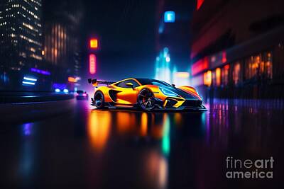 Sports Mixed Media - Night Rider - A Sports Car in a City of Neon Lights by Artvizual Premium