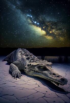 Reptiles Rights Managed Images - Night Terror -A Crocodile under the Starry Sky Royalty-Free Image by Scott Prokop