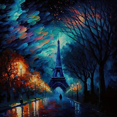 Paris Skyline Paintings - Nightlife in Paris by HusbandWifeArtCo