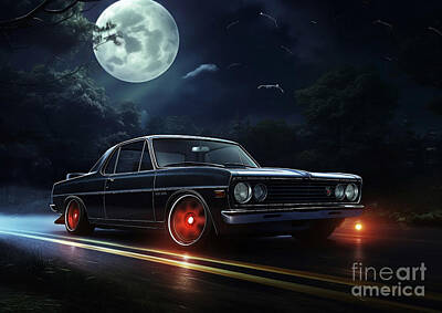 Skylines Drawings - Nissan Skyline C110 and Moon JDM Nighttime Prestige by Destiney Sullivan