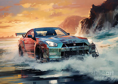 Recently Sold - Abstract Skyline Drawings - Nissan Skyline GT-R Abstract Speed Along the Coastal Horizon by Lowell Harann