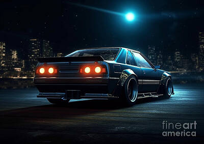 City Scenes Drawings - Nissan Skyline R31 GTS-R and Moon JDM Nighttime Dominance by Destiney Sullivan