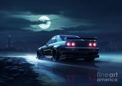 Skylines Drawings - Nissan Skyline R32 GT-R V-Spec II and Moon JDM Nighttime Precision by Destiney Sullivan