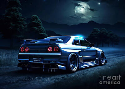 Skylines Drawings - Nissan Skyline R32 GT-R V-Spec II N1 and Moon JDM Nighttime Legend by Destiney Sullivan