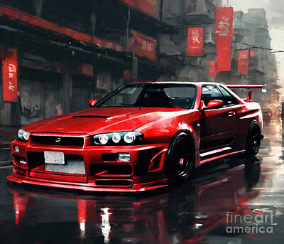 Skylines Drawings - Nissan Skyline R34 Gt R Red Sports Coupe Black Wheels Red Nissan Skyline R34 by Cortez Schinner