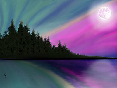 Moody Trees Royalty Free Images - Northern Lights Lake Reflection Royalty-Free Image by Penny FireHorse