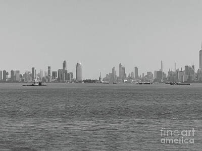 City Scenes Photos - NY and NJ Skyline From Staten Island Ferry BW by Connie Sloan