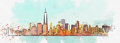 Lake Shoreline - NY Skyline, watercolor travel poster, by Ahmet Asar by Celestial Images