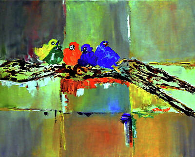 Birds Paintings - O-Five Colorful Baby Birds on Tree by Clement Tsang