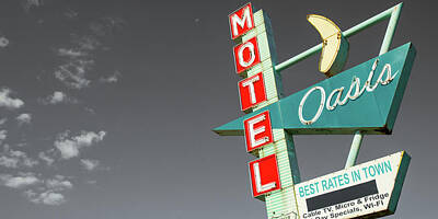Giuseppe Cristiano Royalty Free Images - Oasis Motel Neon Along Tulsas Historic Route 66 - Selective Color Panorama Royalty-Free Image by Gregory Ballos