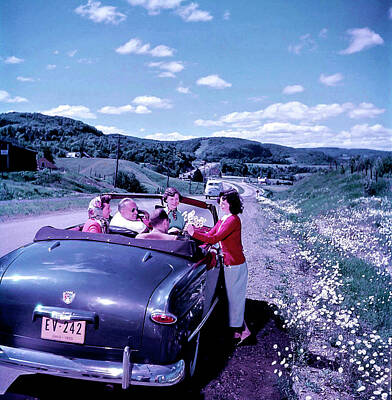 Baseball Hat Paintings - Ohio tourists admire the flowers Quebec June 1950 by Artistic Rifki