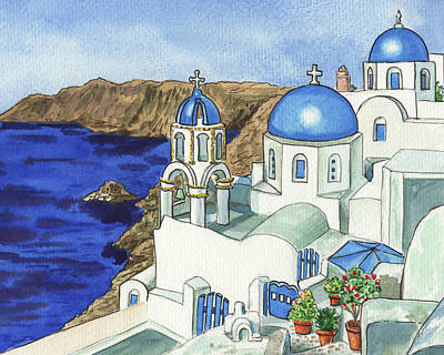 Pbs Kids - Oia Little Town On Santorini Island Blue Roofs Painting  by Irina Sztukowski