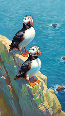 Royalty-Free and Rights-Managed Images - oil  painting  of  pair  of  puffins  with  vibrant  by Asar Studios by Celestial Images