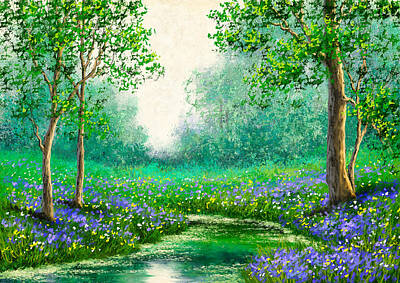 Landscapes Drawings - Oil paintings landscape, spring, tree in the forest, landscape with river by Julien