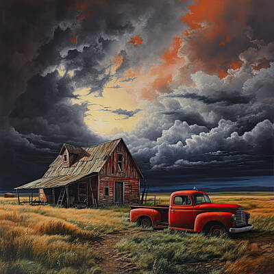 Transportation Digital Art - Old Barn and Red Truck Art by Lourry Legarde